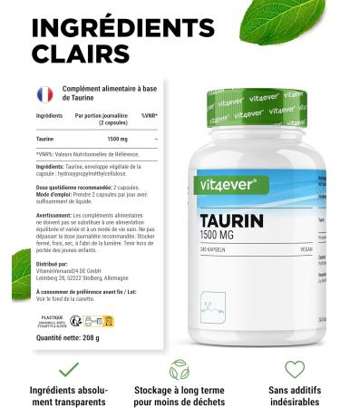 Taurine - 240 Capsules - High Dosed with 1500 mg per Daily Serving - 99% Purity - No Additives - Vegan - Buy Online on GoSupps.com