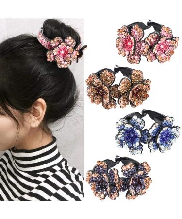 Rhinestone Hair Clip for Women - 4Pack Half-balloon Nest Expanding Hairpin Girls Hair Claws Hair Bun Holders Accessories (Rhinestone Flower)