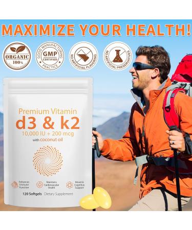 D3 K2 Vitamin 10000 IU - 240 Virgin Coconut Oil Softgels 2 in 1 Vitamin D & K Complex Supplement Softgel - Immune Support and Calcium Absorption Bone and Heart Health (240 Count (Pack of 2)) 1 Count (Pack of 240) - Buy Online on GoSupps.com