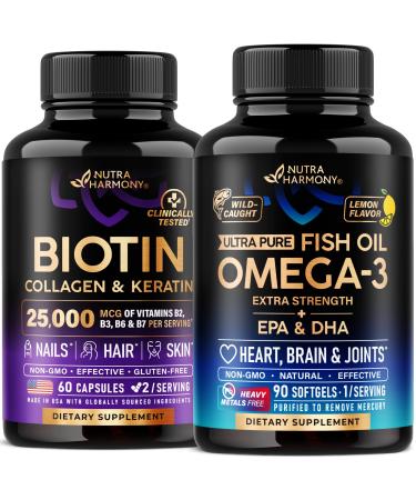 NUTRAHARMONY Biotin Collagen Keratin Capsules & Omega 3 Fish Oil Softgels