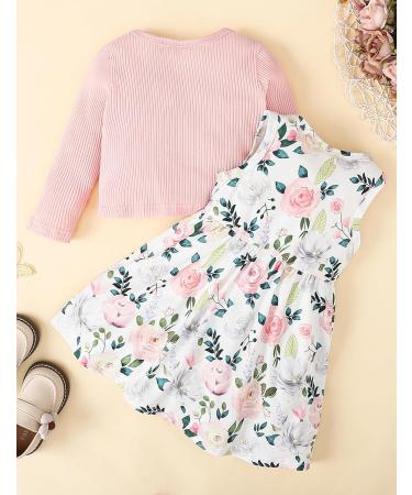 Puseky Toddler Baby Girls Floral Print Dress and Cardigan Set | Sleeveless Outfit for Baby Girl | 2Pcs Set | 2-3 Years | Pink - Buy Online on GoSupps.com