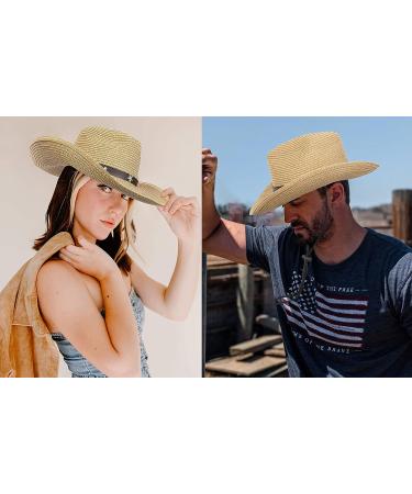 Khaki Straw Cowboy Cowgirl Hat with Wide Brim Sun Protection - Men Women Western Style - Buy Online on GoSupps.com