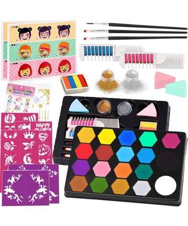 TEUVO Face Painting Kit for Kids 19 Colors Halloween Face Paint Kit Professional Safe Water Based Halloween Makeup Kit Instruction Teaching with 35 Stencils & Brushes Glitters Hair Dye Clips Rainbow