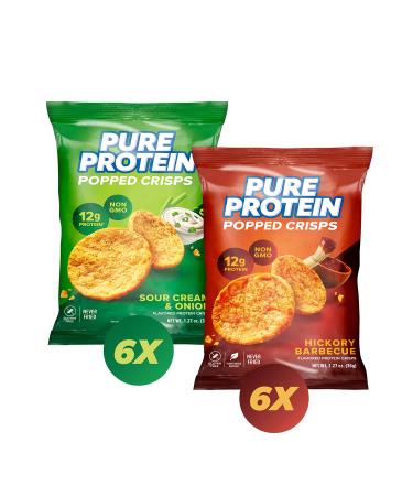 Pure Protein Popped Crisps Variety Pack Hickory Barbecue and Sour Cream & Onion High Protein Snack 12G Protein 1.27oz 12 Count