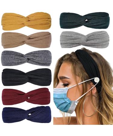 Huachi Headbands with Buttons for Mask for Nurses Non Slip Elastic Hair Bands for Women Nurse Medical Headband Knotted Boho Stretchy Criss Cross Turban Headwrap  8Pcs Button Headbands-Color 5