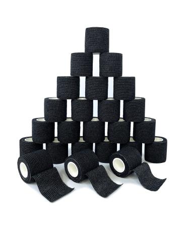 [24Pack 2"x5 Yards] Black-Self Adhesive Bandages Pre Wrap, Athletic Elastic Cohesive Bandage for Sports, Injuries, Treatments, and Recovery, First Aid Tape Vet Wrap for Cat, Dog (2''24pack, Black) 24 Count (Pack of 1) Black
