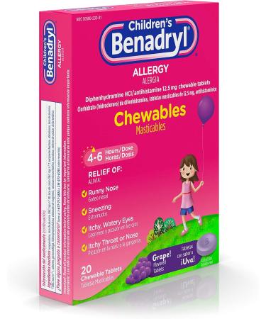 Benadryl Children's Allergy Chewables - Diphenhydramine HCl Antihistamine Tablets for Sneezing Itchy Eyes & Allergy Relief - Grape Flavor - International Shipping Available - Buy Online on GoSupps.com