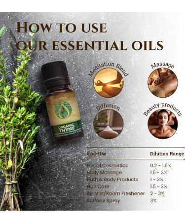 Organic Thyme Essential Oil 10ml - 100% Pure Spanish, Cosmos Certified & Therapeutic Grade for Aromatherapy | Free E-Book - Buy Online on GoSupps.com