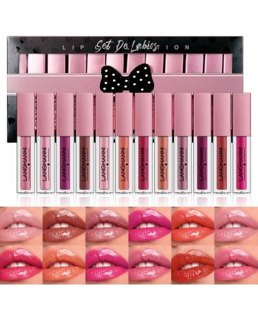 12pcs Lip Gloss Set Hydrating Long Lasting Waterproof Non-Stick Cup Moisturizing Liquid Lipstick Shimmer Lip Tinted Makeup Gift Set for Women and Girls