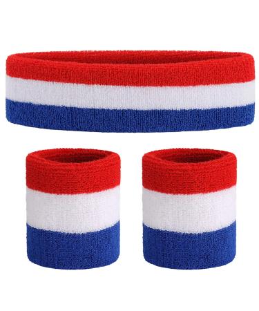 ONUPGO Sweatband Set Sports Headband Wristband Set Sweatbands Terry Cloth Wristband Wrist Sweatband Headbands Moisture Wicking Sweat Absorbing Head Band Red/White/Blue