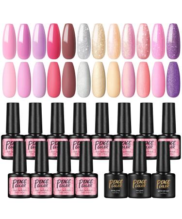 PEACECOLOR Nail Gel Polish Set 12 Colours Gel Nail Polish Starter Kit with Glitter Gel Polish Soak Off Nail Base Coat Glossy Matte Top Coat Nail DIY for Women Girls Beginner Home Salon Gift XA44