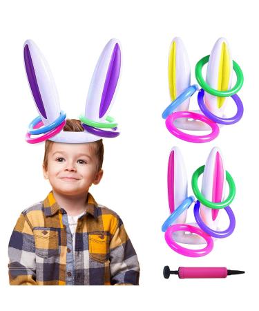 CREPRO 3 Pack Inflatable Bunny Easter Ring Toss Game Easter Rabbit Ears Hat with Rings Toss Funny Games Inflatable Toys Gift for Kid Family School Party Favor Indoor Outdoor Toss Game