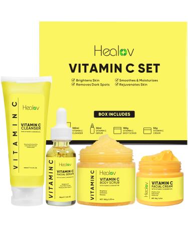 Vitamin C Skincare Set Hydrating Facial Cleanser Exfoliating Body Scrub Face Cream & Anti Aging Serum Vit C Reduces Dullness Fine Lines Wrinkles Dark Circles Travel Kit for Youthful Skin
