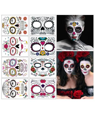 Temporary Face Tattoo  8 Kits Tattoos Sugar Skull Stickers Day of The Dead Makeup  Face Tattoo Rose Design for Halloween  Masquerade and Parties Face stickers