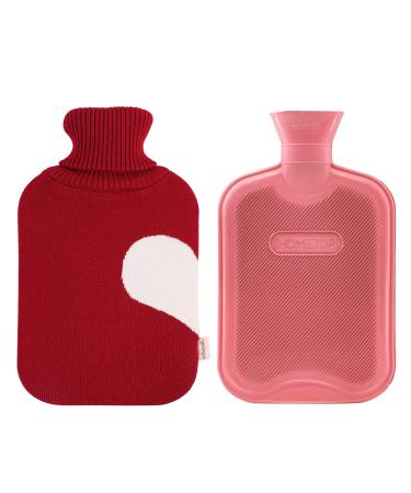 HomeTop Premium 2 Liter Classic Rubber Hot Water Bottle w/Warm Heart Knit Cover (2L, Wine/Light Red) Wine 2 Liter