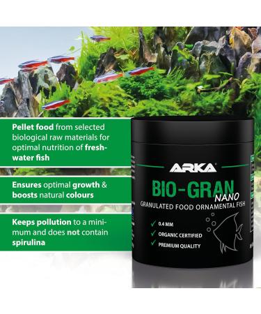 ARKA Bio-Gran Nano - 150 ML - Certified Organic Fish Food for Any Freshwater Aquarium Promotes Growth Colors and Vitality of Ornamental Fish. - Buy Online on GoSupps.com
