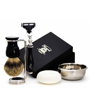Haryali London Men's Shaving Set 3-Edge Razor with Badger Brush Stand Soap and Bowl 5 Piece Set