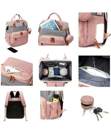 Fexkean Diaper Bag - Large Capacity Baby Backpack with Foldable Children's Bed & Mobile Diaper Pad | Portable Travel Baby Bags in Pink & Gray - Buy Online on GoSupps.com
