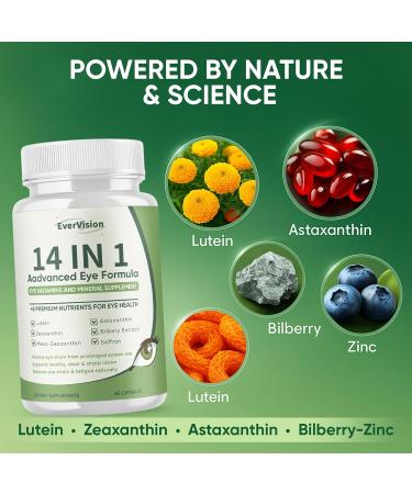 EVERVISION 14 in 1 Advanced Eye Formula Eye Supplement with Lutein Zeaxanthin Astaxanthin Bilberry Extract & Zinc Eye Vitamin and Mineral Supplement for Adults & Seniors 60 Capsules (1) - Buy Online on GoSupps.com