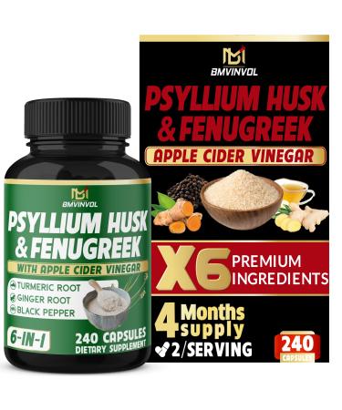 BMVINVOL 6in1 Psyllium Husk Fenugreek Apple Cider Vinegar Turmeric Ginger Black Pepper - Soluble Fiber for Supports Digestive Health & Regularity- 240 Capsules 4-Month Supply