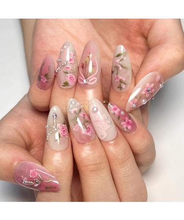 BABALAL Pink Almond Press on Nails - Medium Acrylic Nails with Flower Heart Charm Design - 24pcs Handmade False Nails ANI02 for Stunning Looks - Buy Online on GoSupps.com