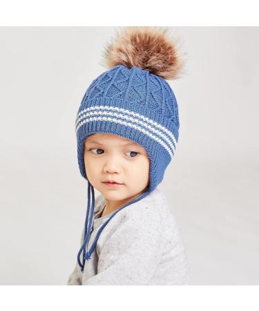 LANGZHEN Toddler Kids Winter Earflap Knit Hat with Fleece Lining - Blue Pompon | 1-2 Years - Buy Online on GoSupps.com