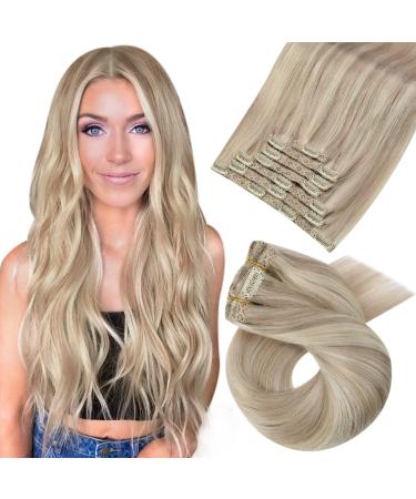 Moresoo Human Hair Extensions Clip in Blonde Real Hair Clip in Hair Extensions 22 Inch Ash Blonde with Platinum Blonde Clip in Human Hair Extensions 7 Pieces/120g #P18/613 55 cm #P18/613
