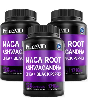 6-in-1 Organic Maca Root Ashwagandha Capsules 1710mg with DHEA and Black Pepper Fruit Extract for Women and Men - Black Maca Supplement for Stamina, Bone and Mood Support Supplement, 120ct (Pack of 3) Regular 120 Count (Pac