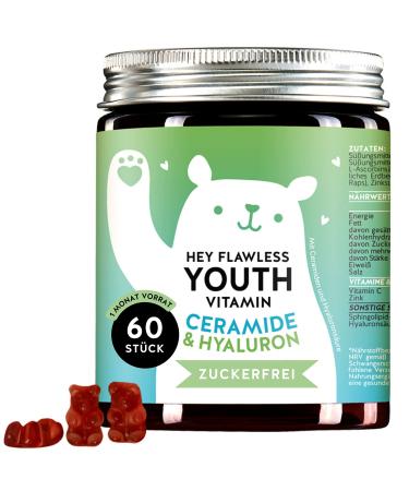 Hyaluron & Ceramide - vegan anti -aging - for skin moisture clamping power - High -dose rubber with zinc - 60th monthly supply - Hey Flawless Youth vitamin Bears with benefits