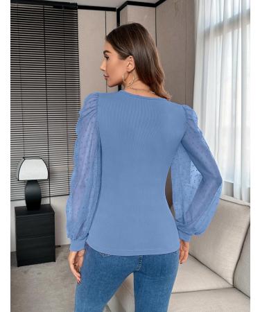 Fayenne Womens Tops Deep V Neck Cross Wrap Sexy Tops Polka Dot Mesh Long Sleeve T Shirt Casual Blouses M Grey Blue - Buy Online on GoSupps.com