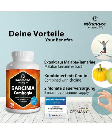 Garcinia Cambogia + Choline - High Dose Metabolism Support | 240 Capsules 60% HCA | Pure Nutritional Supplements Made in Germany - Buy Online on GoSupps.com