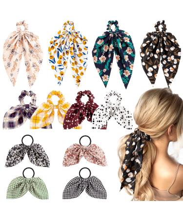WATINC 12 Pcs Bowknot Hair Scrunchies Silk Satin Scarf Hair Ties Chiffon Floral Scrunchie Ponytail Holder with Bows Dot Flower Pattern Hair Scrunchy Accessories Ropes for Women