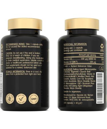 Vitamin D3 K2 Capsules - High Strength 4000 IU & 100mcg, 120 Vegan Capsules - UK Made for Bone, Teeth & Immune Health - Buy Online on GoSupps.com