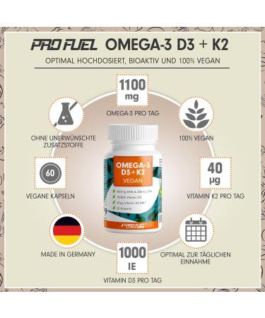 Omega-3 Vegan + D3 & K2 Capsules - 1100mg Algae Oil 600mg DHA 300mg EPA - High Bio-Accessibility & Lab Tested (60 Pieces) - Buy Online on GoSupps.com
