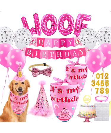 Dog Birthday Party Supplies - Dog Girl Birthday Bandanas Set with Dog Birthday Hat, Scarf, Birthday Banner, Balloons and Bowtie. Puppy Dog Pals Birthday Party Decorations. A-pink