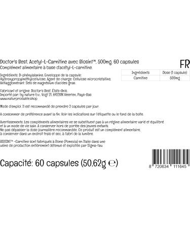 Doctor's Best Acetyl-L-Carnitine 500mg 60 Vegan Capsules - Laboratory Tested, Gluten-Free, SOYA-Free, Vegetarian, Non-GMO - Buy Online on GoSupps.com