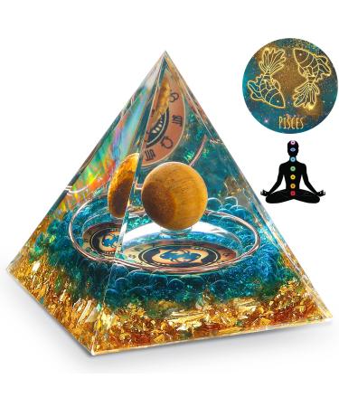 HuiJuKeJi Healing Crystals Pisces Orgonit Pyramid Constellation Gift - 12 Zodiac Constellations & Tiger Eye Stone Crystal Pyramid Birthstone for Astrology Energy Healing Chakra Meditation 6cm -Pisces