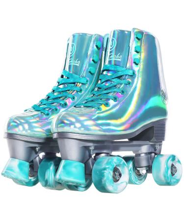 JajaHoho Roller Skates for Women, Mint Green Holographic High Top Faux Leather Rollerskates, Shiny Double-Row Four Wheels Quad Skates for Girls and Age 8-50 Indoor Outdoor Mint Green US 6