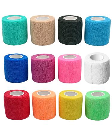 Self-Adhesive Cohesive Wrap Bandage Tape by MANSHU  Self-Adhesive Bandage Rolls Elastic Non-Woven  12 Rolls  12 Colors (2Inches x 5Yards) Mixed Color