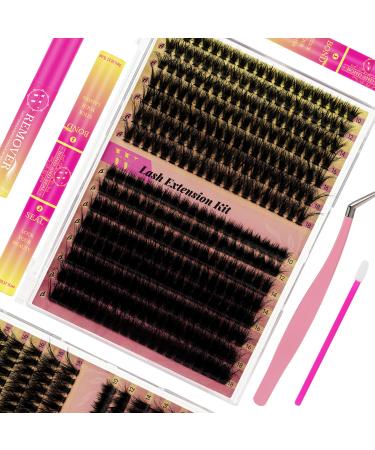 Lash Extension Kit 300Pcs 7090D DIY Individual Eyelashes Extensions Lashes Clusters Kit Lash Bond Seal Lash Remover Lash Applicator Tool For False Eyelash Cluster Kit At Home(D-Mix10-18mm 26) 300PCS|7090D|26
