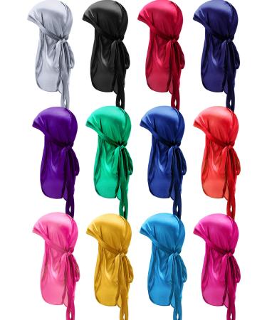 12 Pieces Silky Durag Caps Soft Long Tail Headscarf Elastic Wide Straps Headwraps for Women Men Favors, 12 Colors Classic Assorted Colors