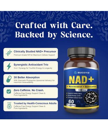 SUGOYO NAD+ Supplement 1000mg Liposomal Nicotinamide Riboside Enhanced with Resveratrol & Quercetin Anti-Aging & Energy Boost NMN Alternative NAD Supplement for Women & Men (60 Count (Pack of 1)) - Buy Online on GoSupps.com