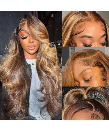 Alielaine Ombre Highlight Lace Front Wigs Human Hair 13x6 HD Transparent Honey Blonde Lace Frontal Wigs Pre Plucked with Baby Hair 4/27 Colored 150% Density Body Wave Lace Front Wig Human Hair for Black Women (26 inch) 2...