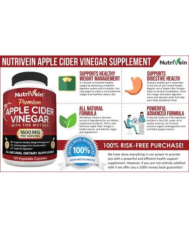 Nutrivein Apple Cider Vinegar Capsules 1600mg - 120 Vegan Pills for Weight Loss, Detox, Digestion - Keto Friendly - Supports Immune System - ACV Raw - Vegan Formula - Buy Online on GoSupps.com