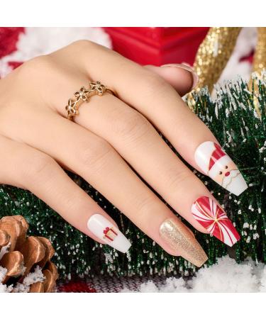 Beetles Press On Nails Medium Coffin - Reusable Style Red Press on Nails in 14 Sizes -28 Fake Nail Kit with Nail Glue and Nail File Glue on Christmas Nails