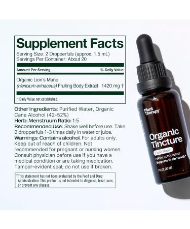 Plant Therapy Organic Lion's Mane Tincture 30 mL (1 oz) Supports Brain Health Mental Clarity & Memory Potent & Natural Extraction Process Vegan Non GMO Gluten Free Liquid 1 Bottle - Buy Online on GoSupps.com
