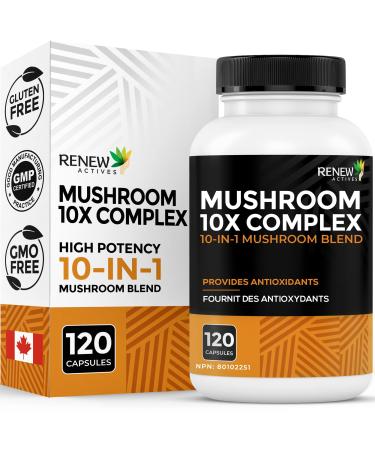 RENEW ACTIVES Mushroom Complex 2 Capsules per Serving 10 Mushroom Blend with Antioxidants for Immune Health & Wellness Supports Overall Vitality & Long-Term Wellness Made in Canada - 120 Capsules