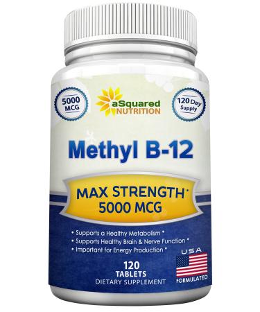 Vitamin B12 - 5000 MCG Supplement with Methylcobalamin (Methyl B-12) - Max Strength Vitamin B 12 Support to Help Boost Natural Energy Benefit Brain  Heart Function - 120 Tablets