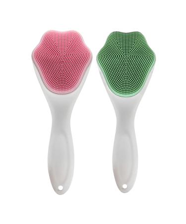 2 PC Silicone Facial Cleansing Brush Silicone Facial Scrubber Manual Exfoliating Facial Brush Face Cleanser Face Exfoliator Fine Bristles for Sensitive Skin Easy to Clean Lather Well (Pink&Green)