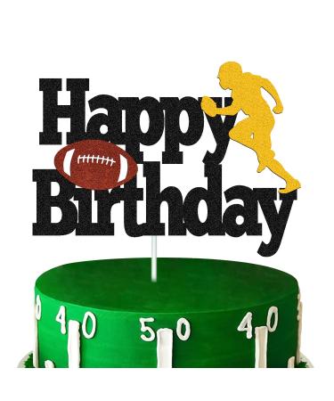 Football Cake Topper Rugby Ball Happy Birthday Cake Decorations for Man Kids Boy Girl Sport Game Day Super Bowl Touchdown Themed Party Supplies Black Sparkle Decor